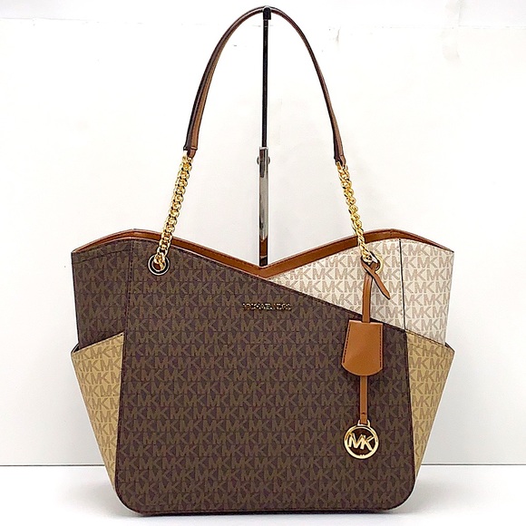 MICHAEL KORS LARGE X CHAIN SHOULDER TOTE BAG LUGGAGE / BROWN MULTI COLOR - Picture 2 of 16